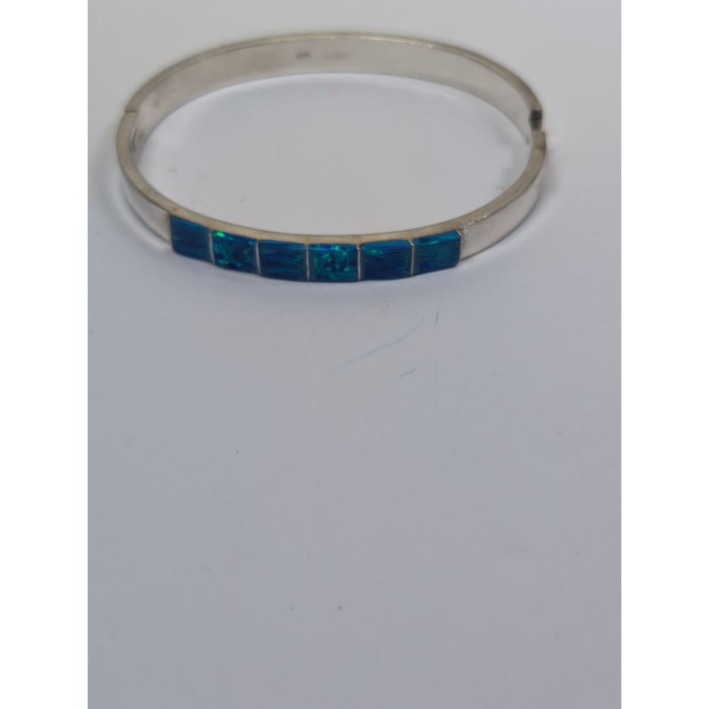Vintageβ Sterling Silver 925 Mexico Blue Fire Opal Inlay Hinged Bangle Bracelet